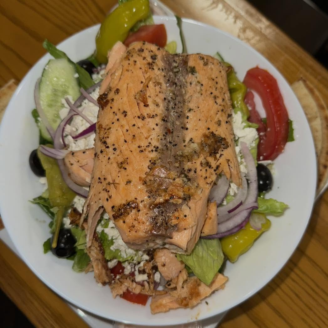 Salmon Greek salad at Shots Bar & Grille Farmington Hills
