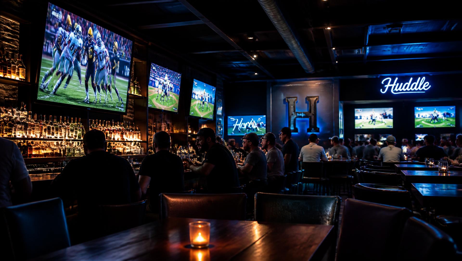 Shots Bar & Grille Farmington Hills interior with game-day screens above the bar